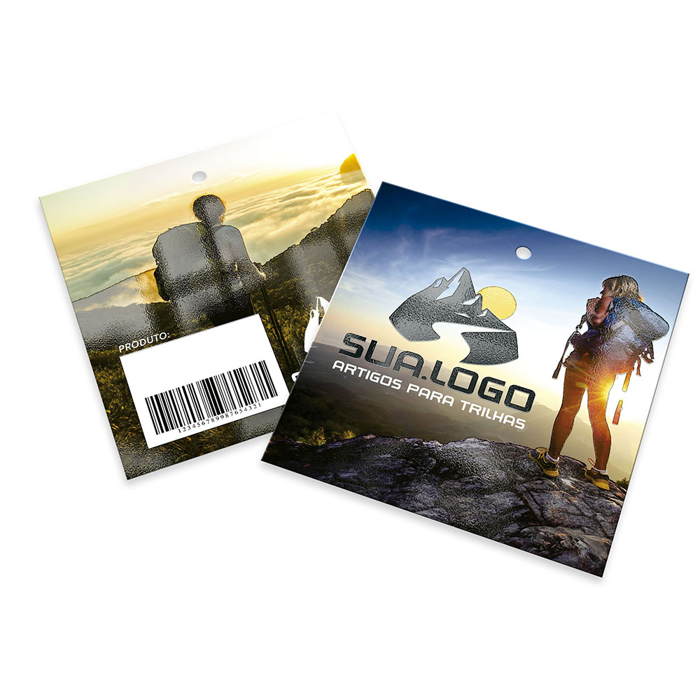 Tags Padrão Furo Couchê 300g Verniz Localizado  e Laminação Fosca Frente E Verso (91x102mm)