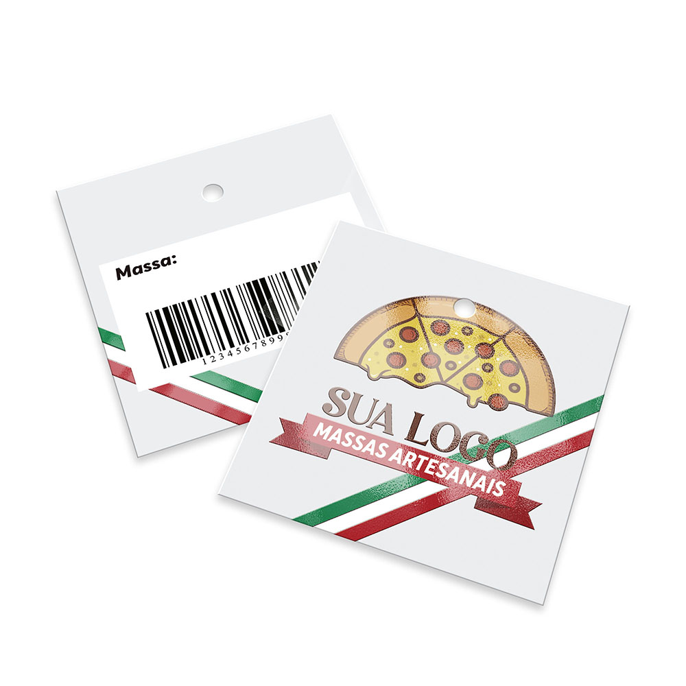 Tags Padrão Furo Couchê 300g Verniz Localizado  e Laminação Fosca Frente E Verso (45x51mm)