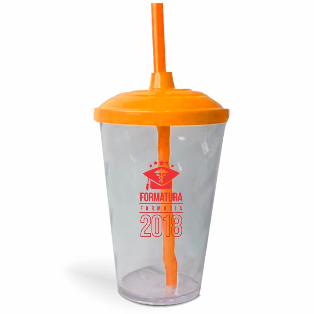 Copo Twister de 600ml de Cor Transparente com Canudo e Tampa Colorida