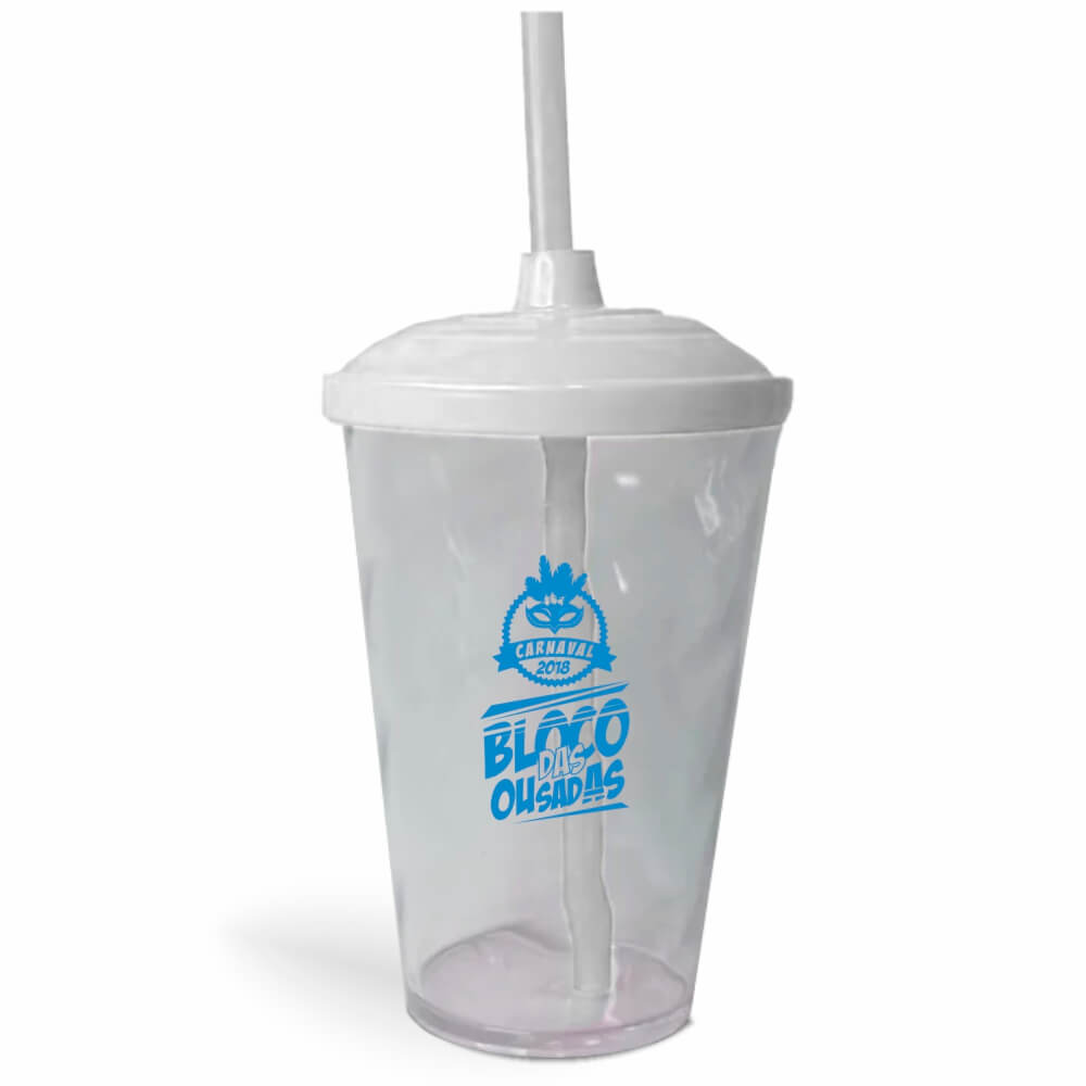 Copo Twister de 600ml de Cor Transparente com Canudo e Tampa Colorida