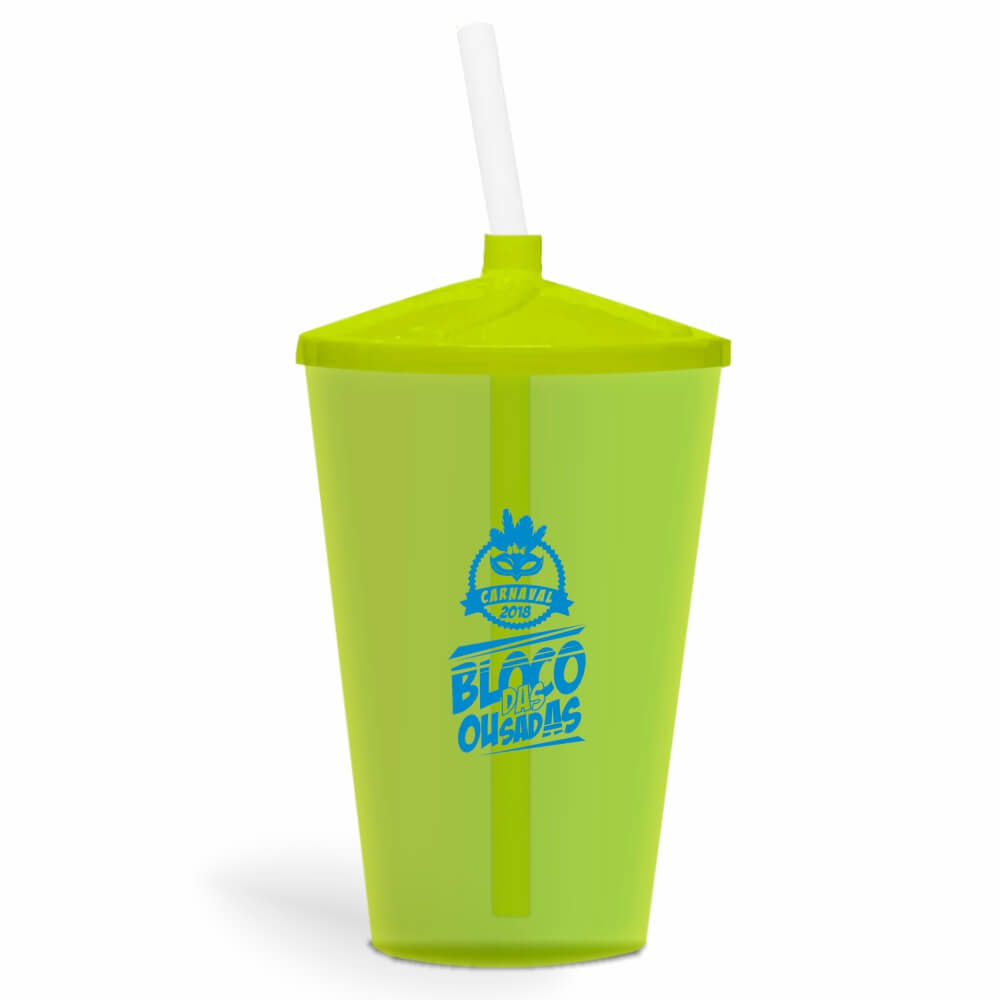 Copo Twister de 600ml Transparente Amarelo Neon e Canudo Transparente
