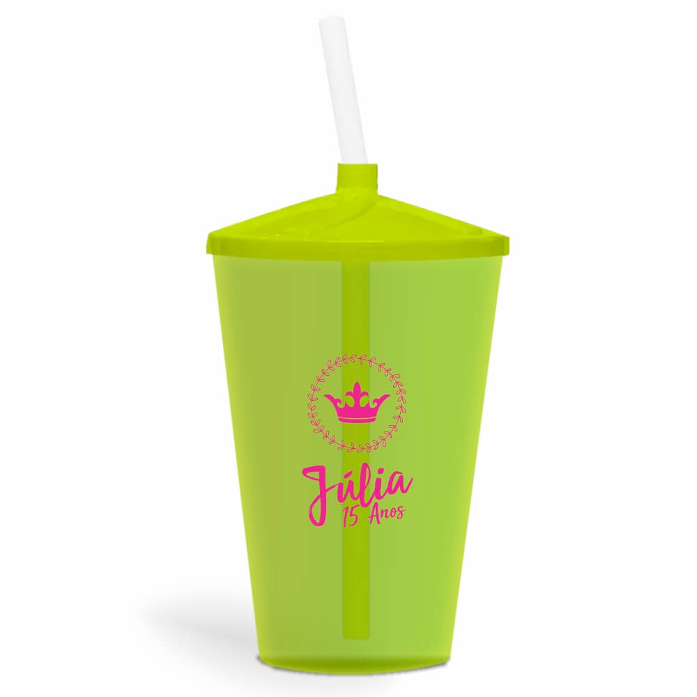 Copo Twister de 600ml Transparente Amarelo Neon e Canudo Transparente