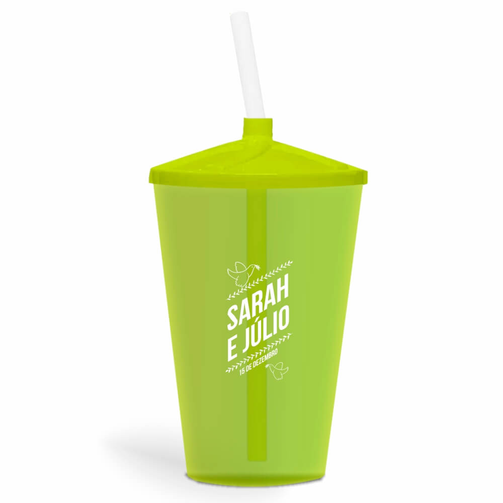 Copo Twister de 600ml Transparente Amarelo Neon e Canudo Transparente