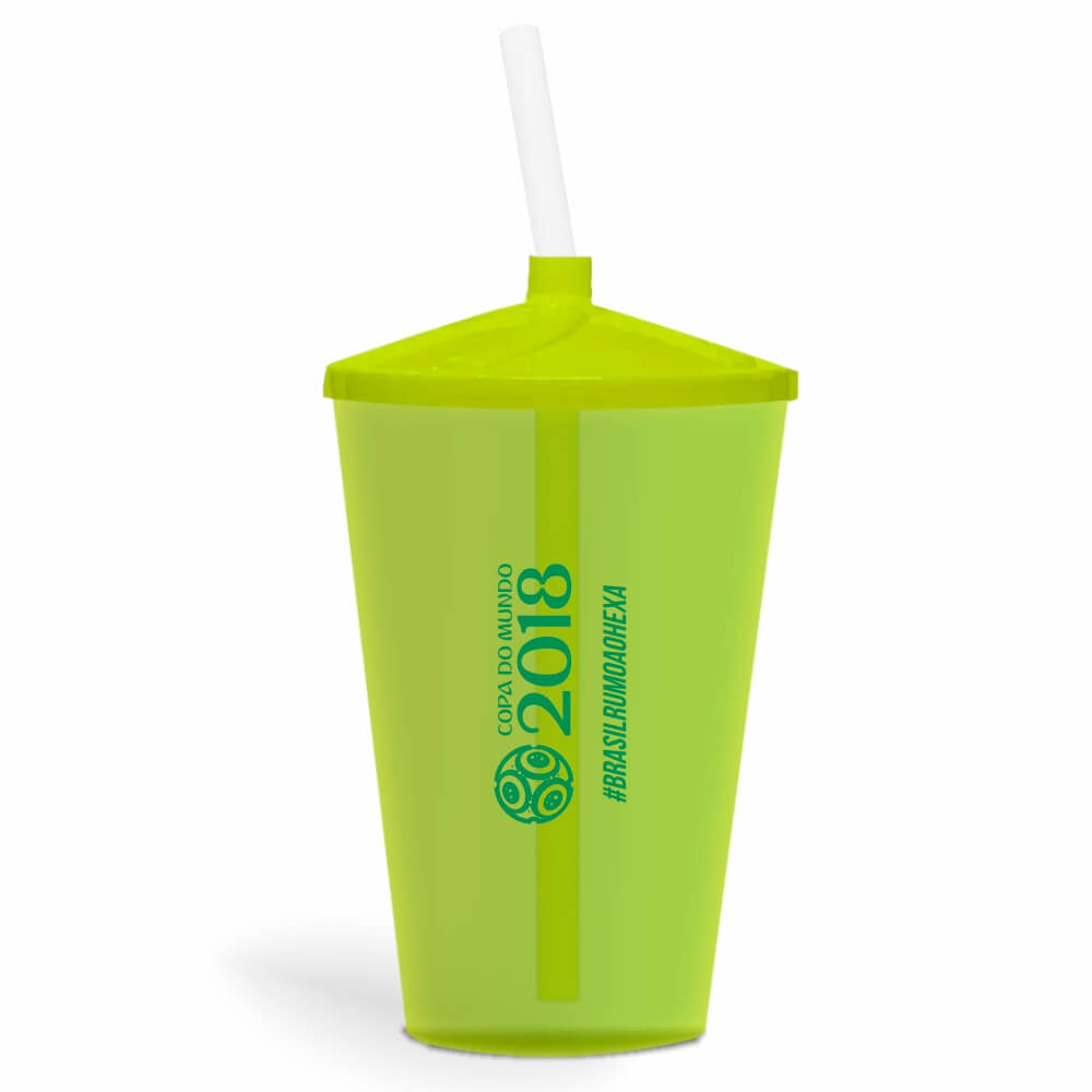 Copo Twister de 600ml Transparente Amarelo Neon e Canudo Transparente