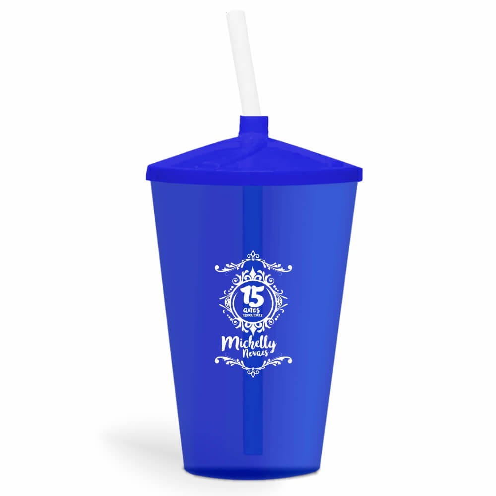 Copo Twister de 600ml Transparente Azul e Canudo Transparente