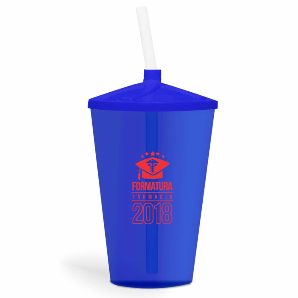 Copo Twister de 600ml Transparente Azul e Canudo Transparente