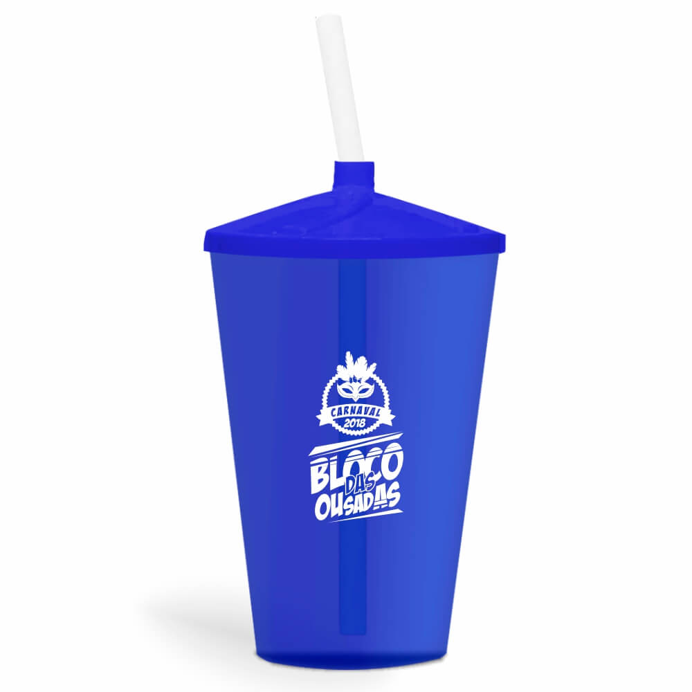 Copo Twister de 600ml Transparente Azul e Canudo Transparente