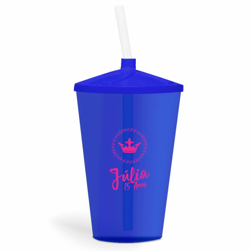 Copo Twister de 600ml Transparente Azul e Canudo Transparente