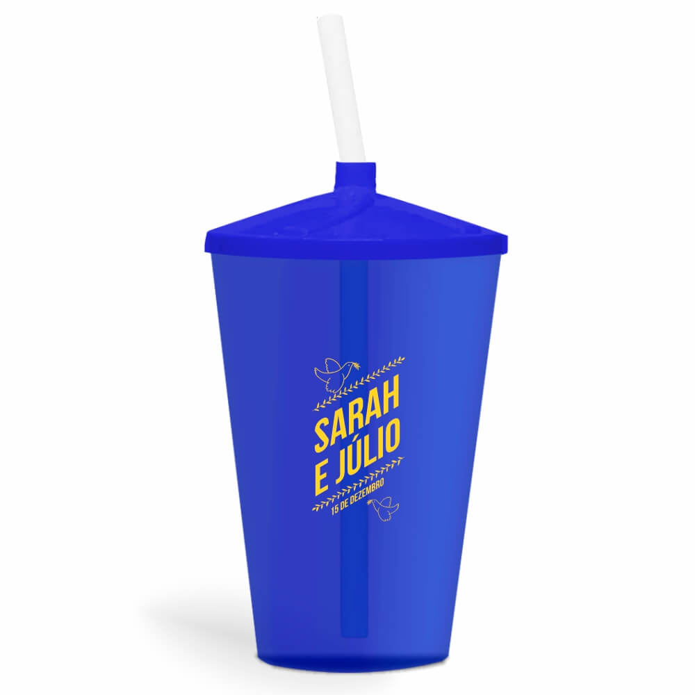 Copo Twister de 600ml Transparente Azul e Canudo Transparente