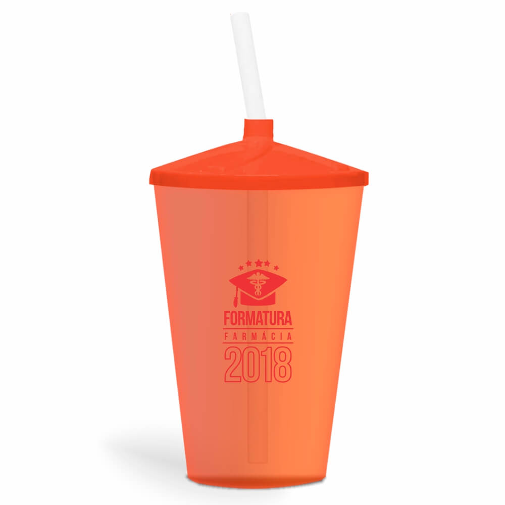 Copo Twister de 600ml Transparente Laranja e Canudo Transparente