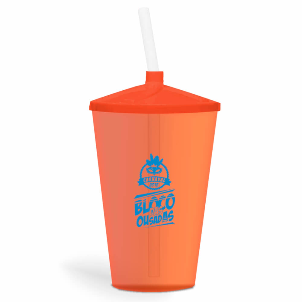 Copo Twister de 600ml Transparente Laranja e Canudo Transparente