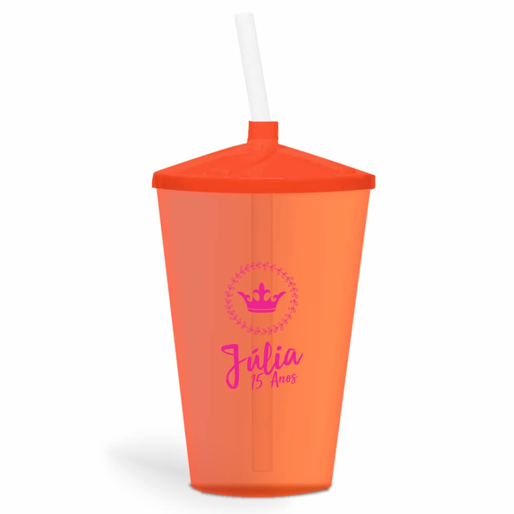 Copo Twister de 600ml Transparente Laranja e Canudo Transparente