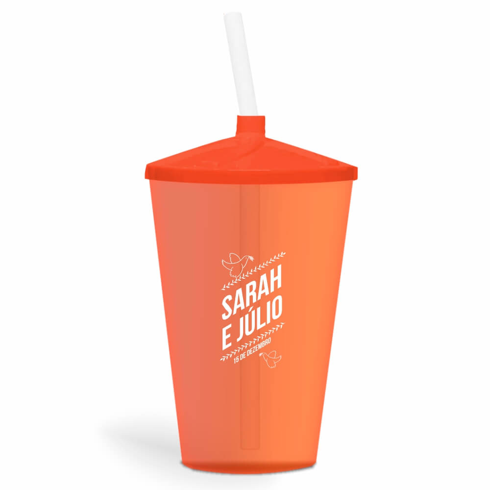 Copo Twister de 600ml Transparente Laranja e Canudo Transparente
