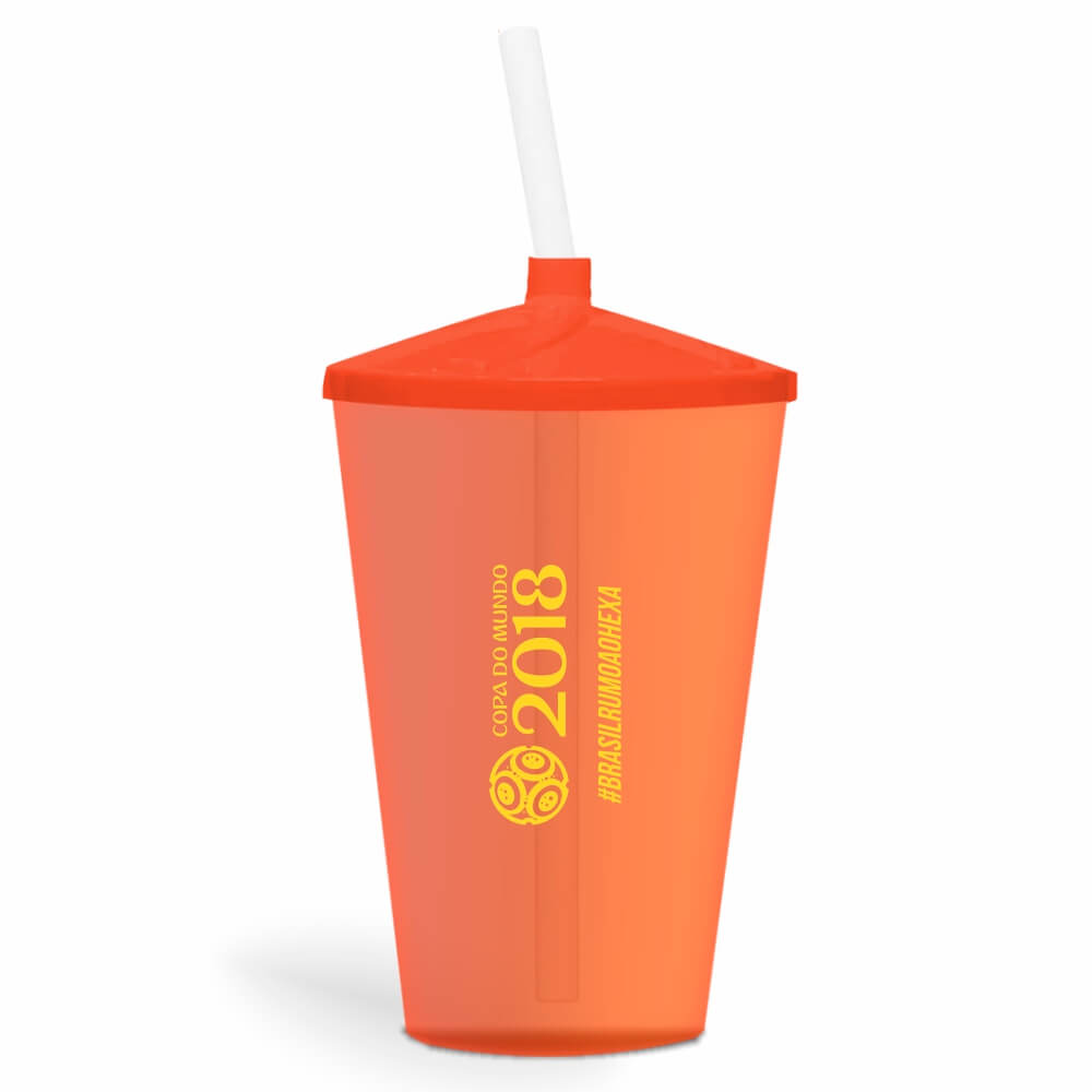 Copo Twister de 600ml Transparente Laranja e Canudo Transparente