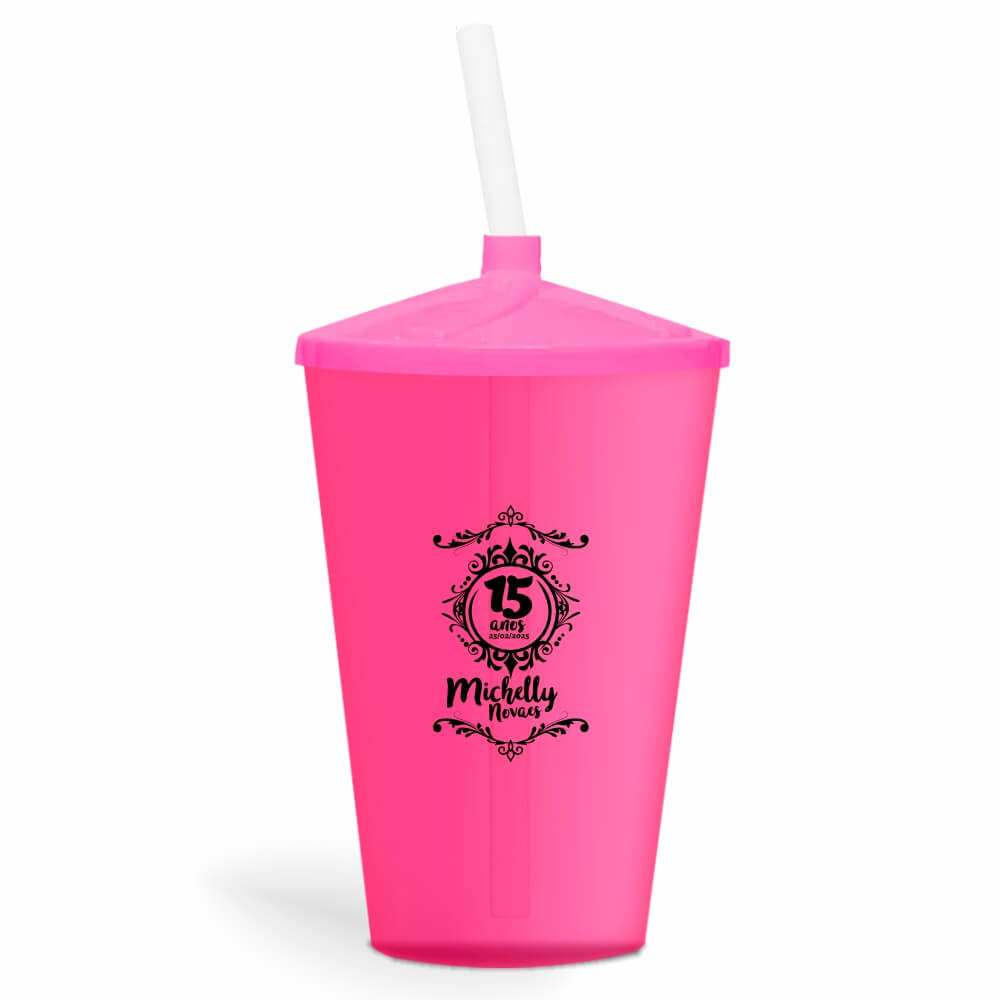 Copo Twister de 600ml Transparente Rosa e Canudo Transparente