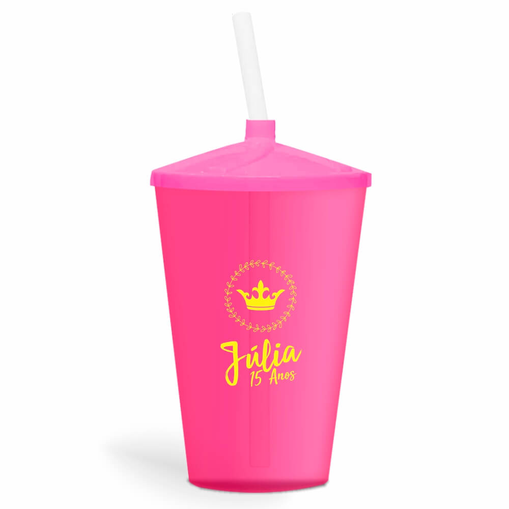 Copo Twister de 600ml Transparente Rosa e Canudo Transparente