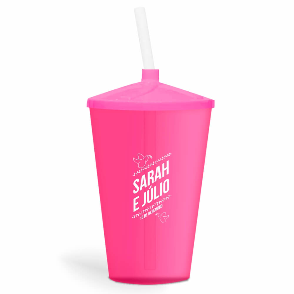 Copo Twister de 600ml Transparente Rosa e Canudo Transparente