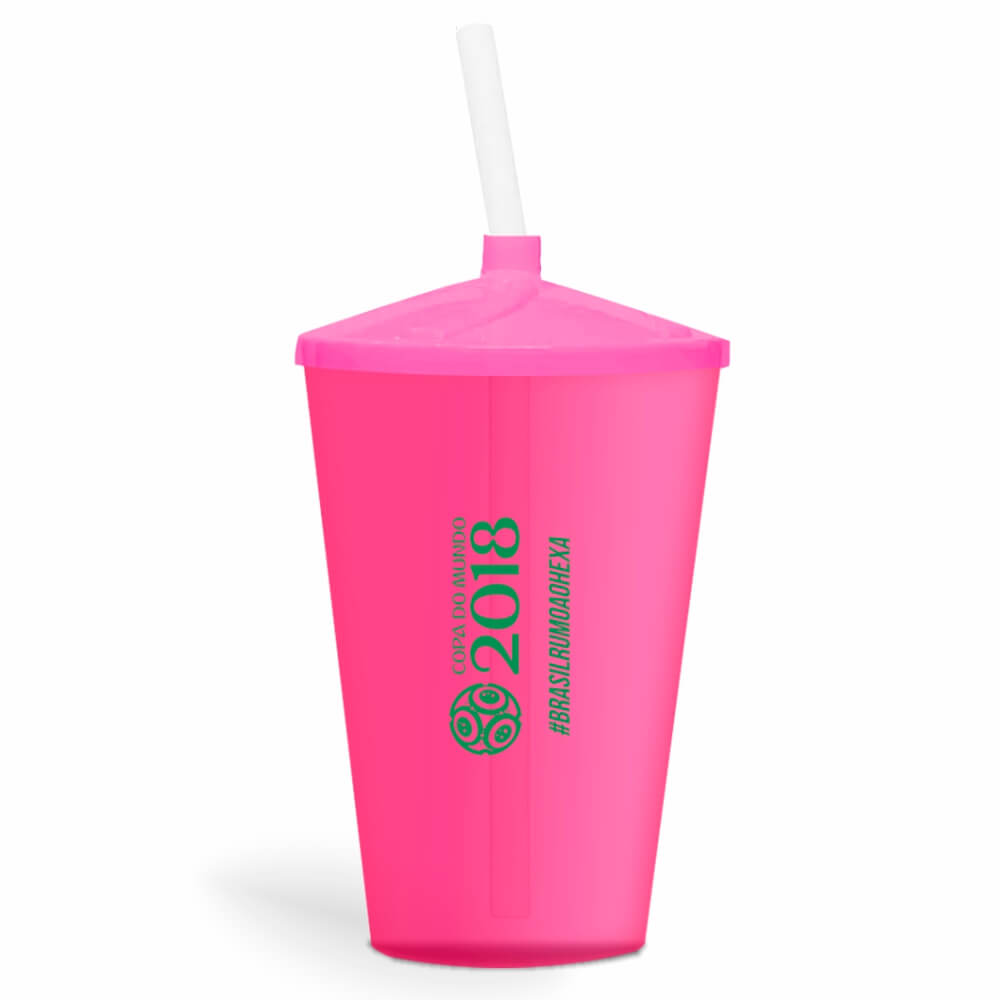 Copo Twister de 600ml Transparente Rosa e Canudo Transparente