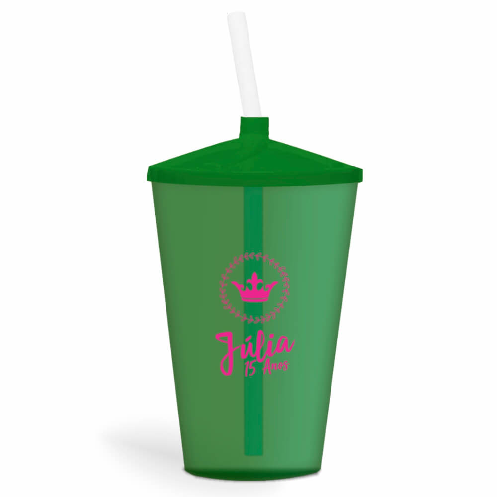Copo Twister de 600ml Transparente Verde e Canudo Transparente