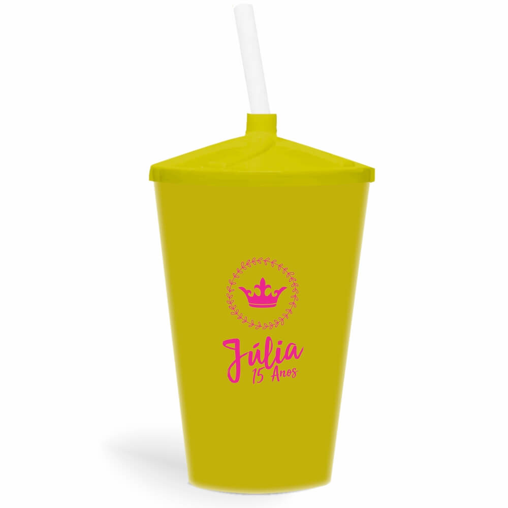 Copo Twister de 600ml de Cor Leitoso Amarelo com Canudo Transparente