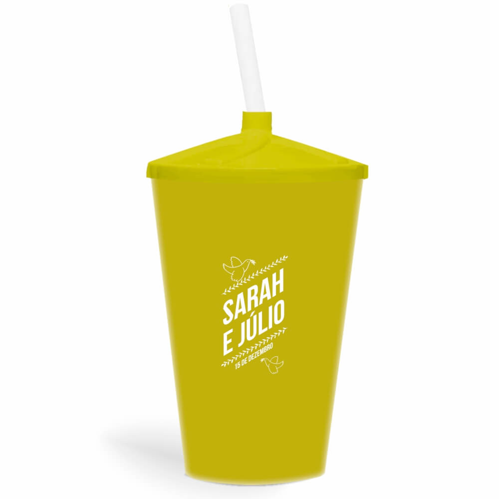 Copo Twister de 600ml de Cor Leitoso Amarelo com Canudo Transparente