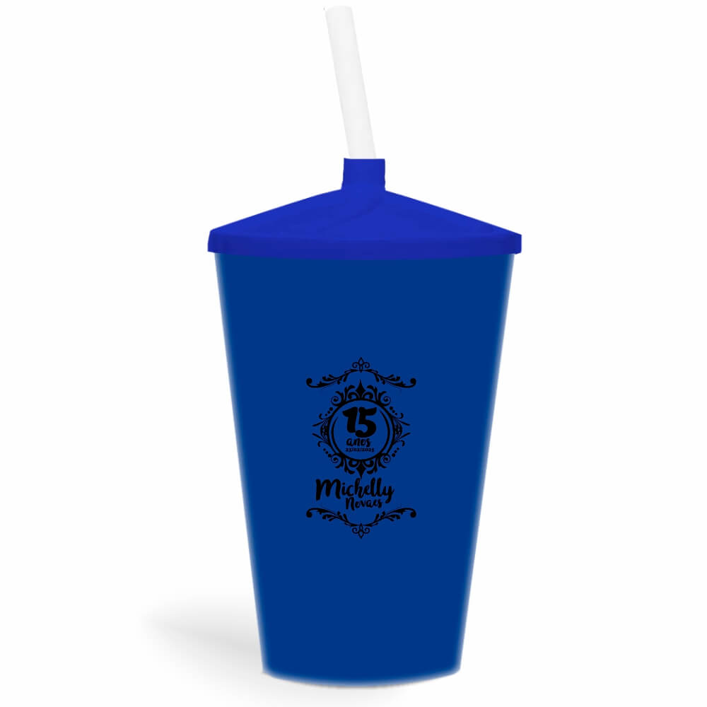 Copo Twister de 600ml de Cor Leitoso Azul com Canudo Transparente
