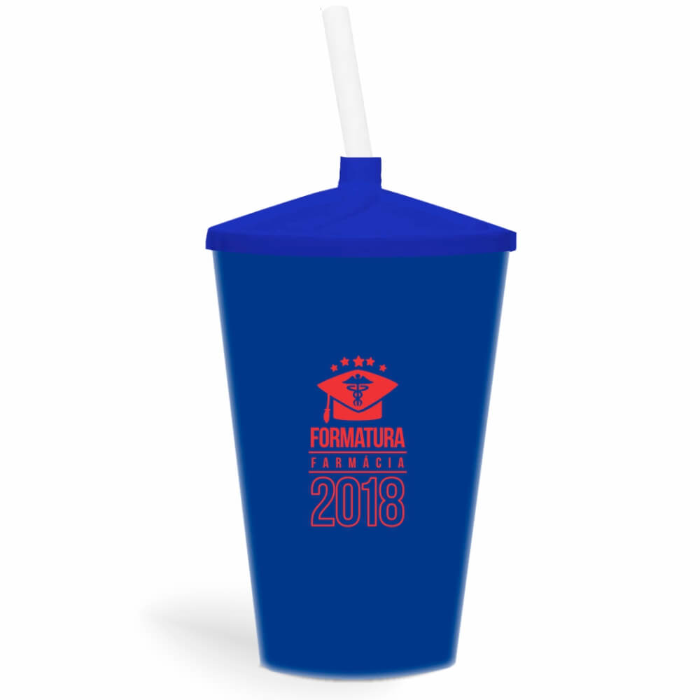 Copo Twister de 600ml de Cor Leitoso Azul com Canudo Transparente