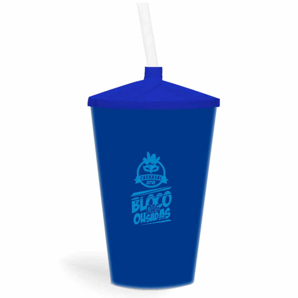 Copo Twister de 600ml de Cor Leitoso Azul com Canudo Transparente