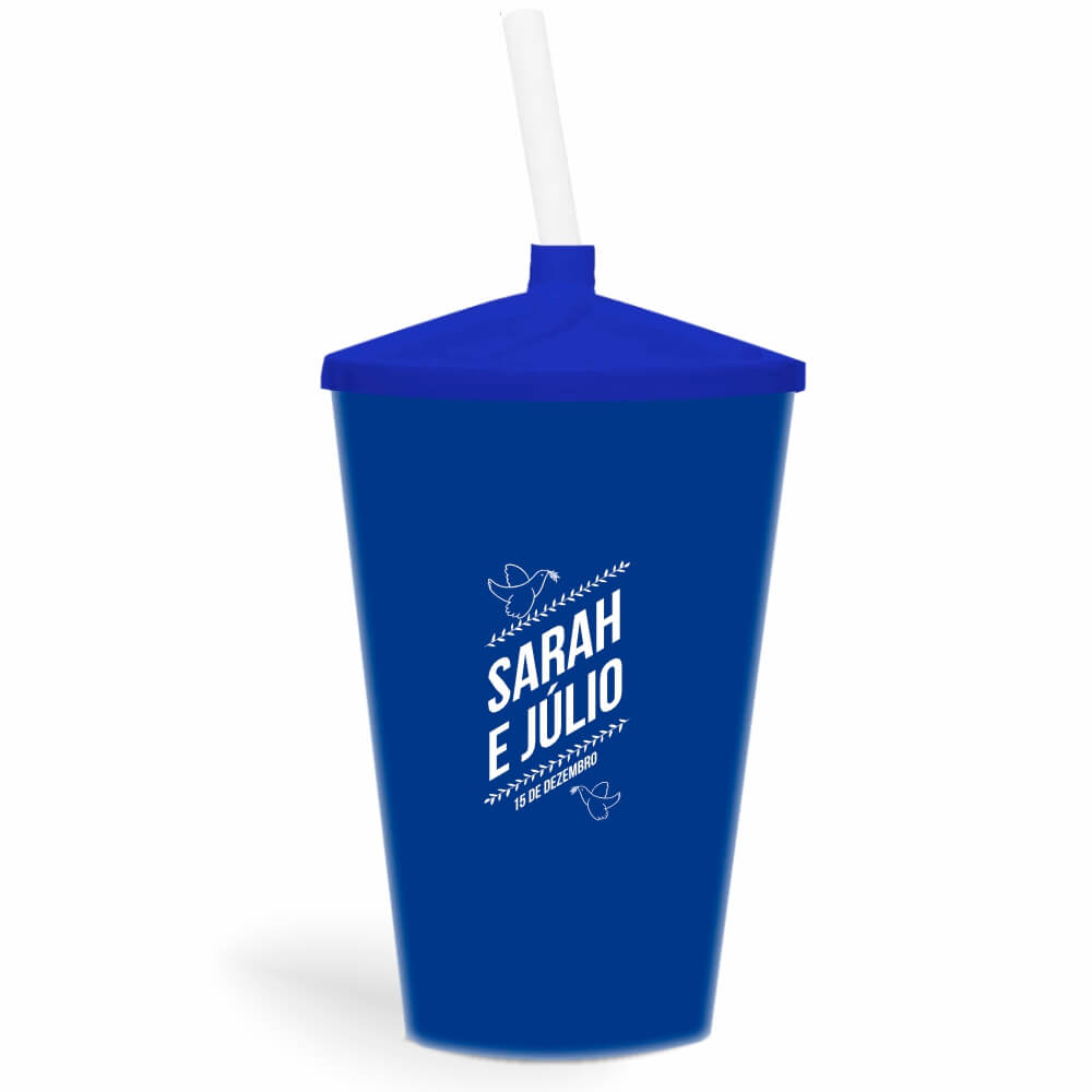 Copo Twister de 600ml de Cor Leitoso Azul com Canudo Transparente