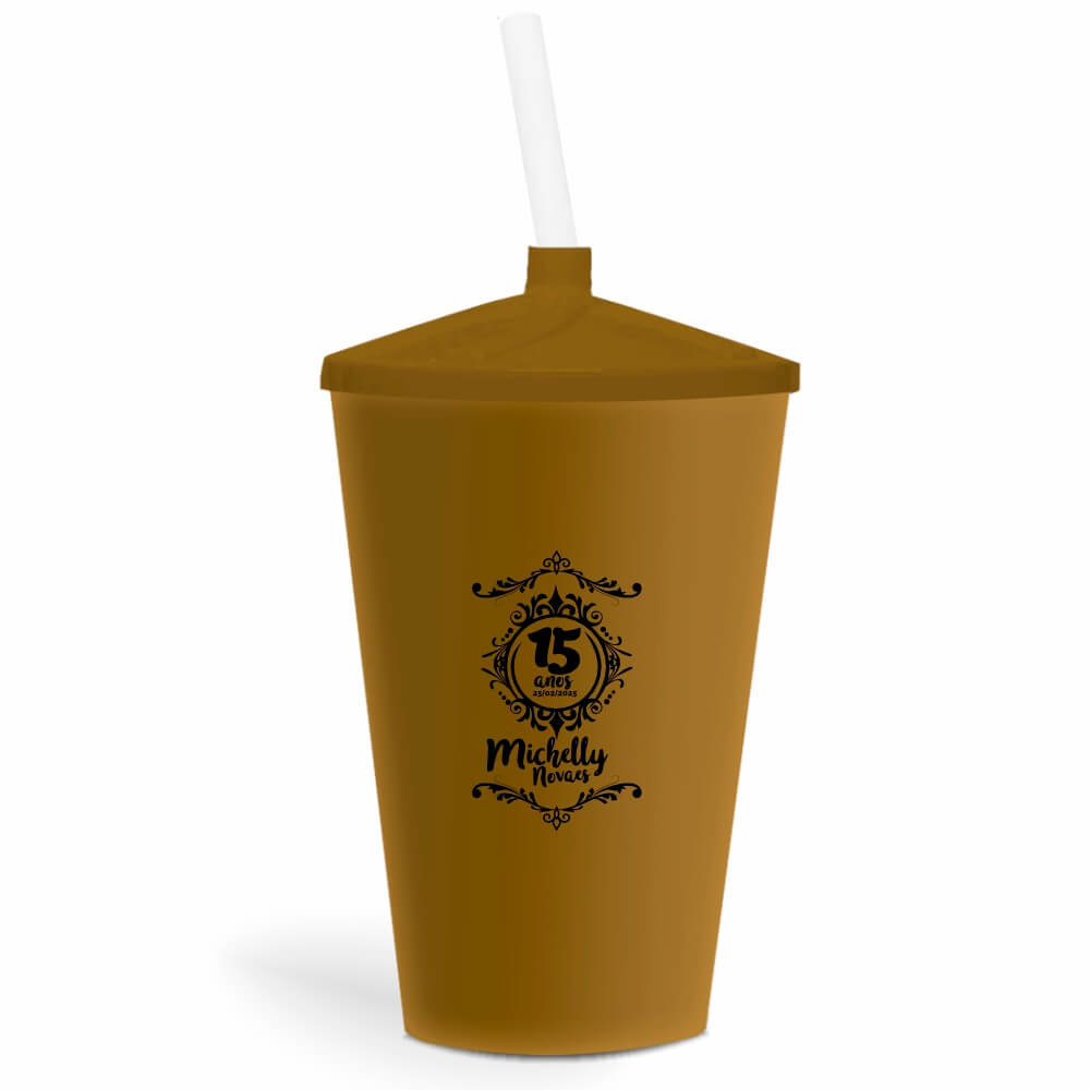 Copo Twister de 600ml de Cor Leitoso Dourado com Canudo Transparente