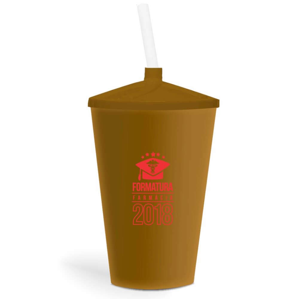 Copo Twister de 600ml de Cor Leitoso Dourado com Canudo Transparente