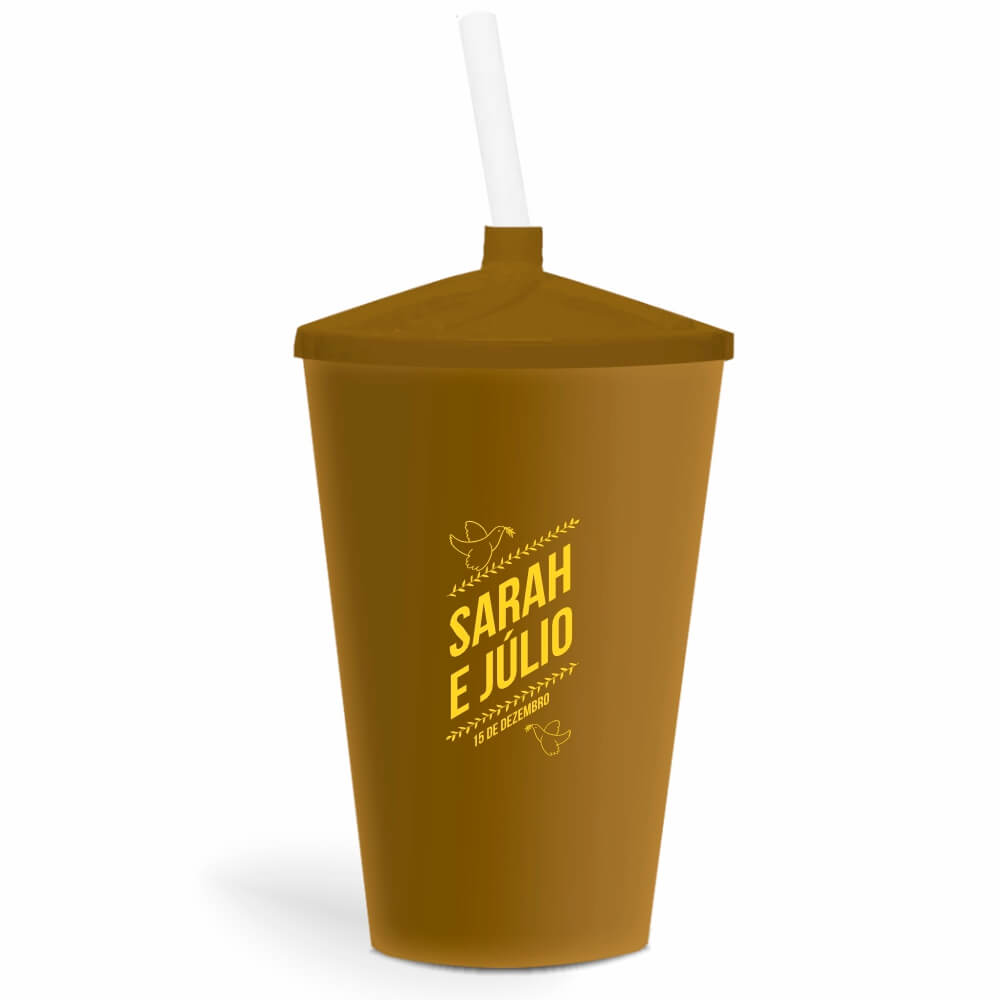 Copo Twister de 600ml de Cor Leitoso Dourado com Canudo Transparente