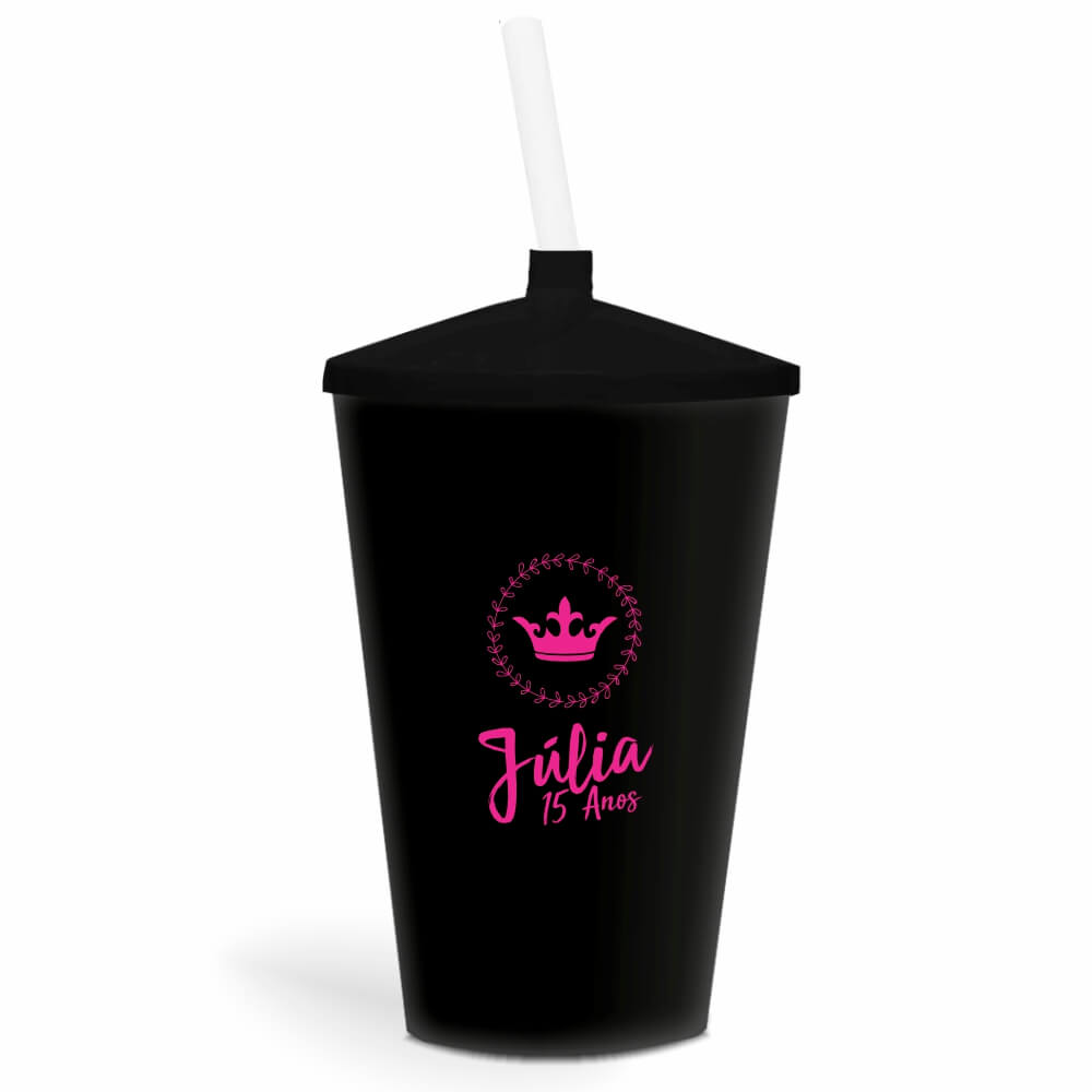 Copo Twister de 600ml de Cor Leitoso Preto com Canudo Transparente