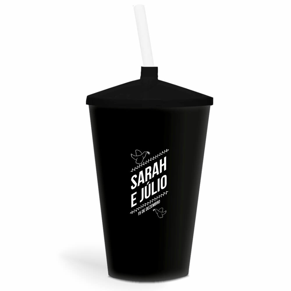 Copo Twister de 600ml de Cor Leitoso Preto com Canudo Transparente