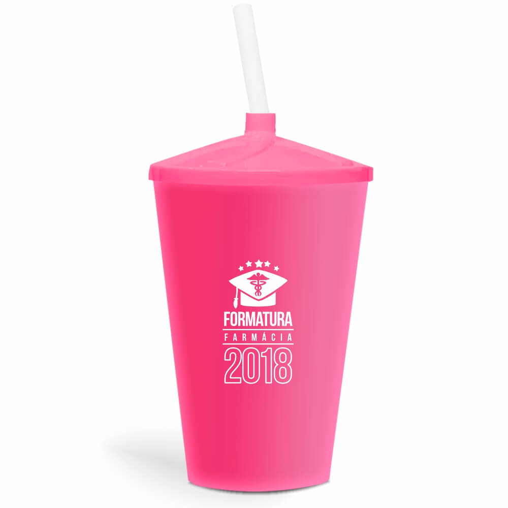 Copo Twister de 600ml de Cor Leitoso Rosa com Canudo Transparente
