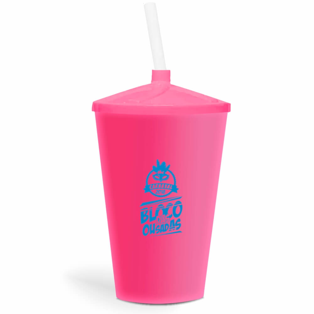Copo Twister de 600ml de Cor Leitoso Rosa com Canudo Transparente