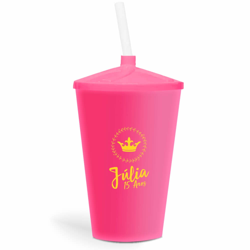 Copo Twister de 600ml de Cor Leitoso Rosa com Canudo Transparente