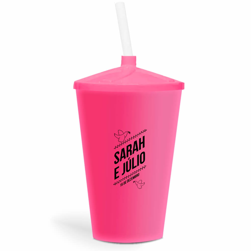 Copo Twister de 600ml de Cor Leitoso Rosa com Canudo Transparente
