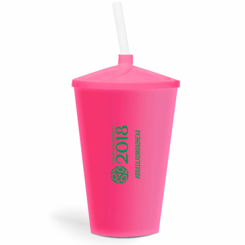 Copo Twister de 600ml de Cor Leitoso Rosa com Canudo Transparente
