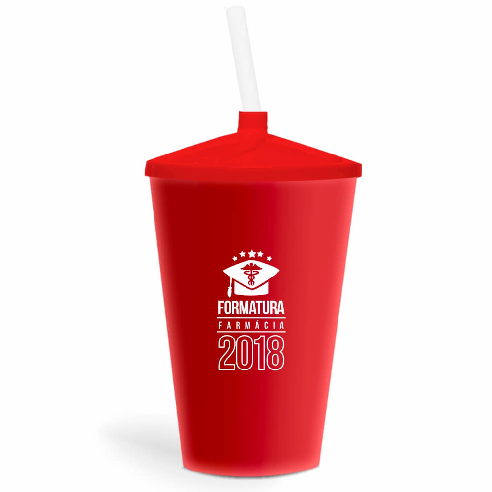 Copo Twister de 600ml de Cor Leitoso Vermelho com Canudo Transparente