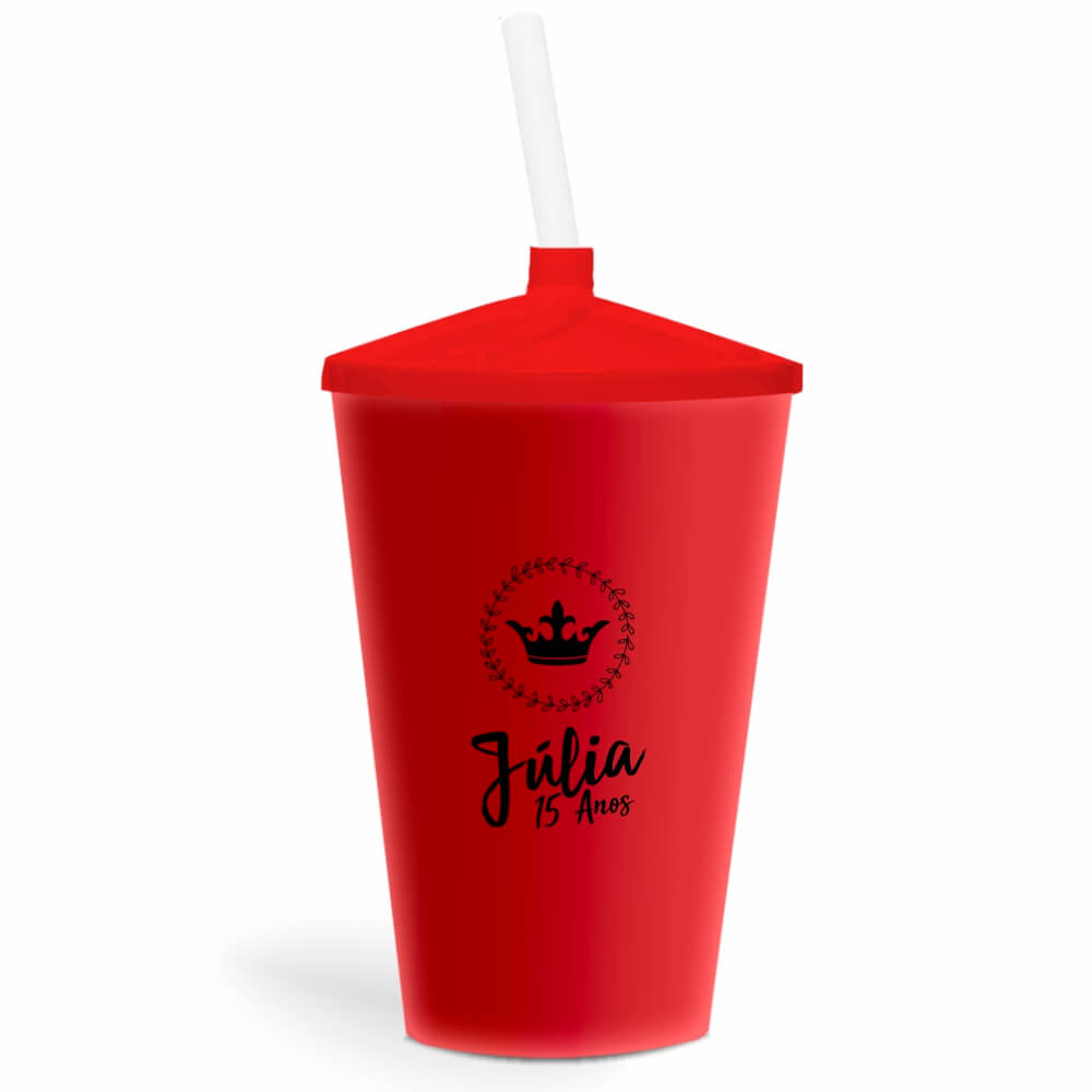 Copo Twister de 600ml de Cor Leitoso Vermelho com Canudo Transparente