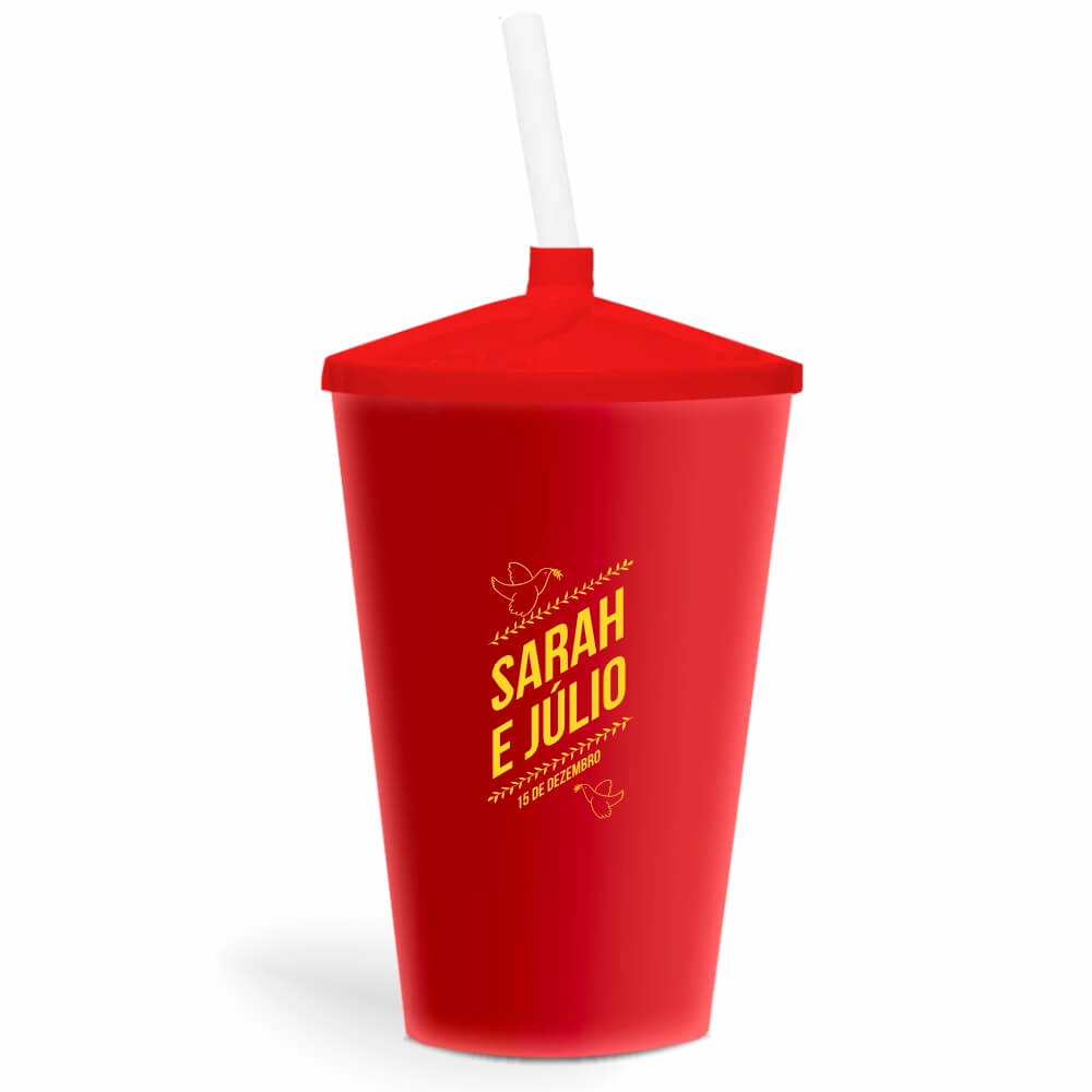 Copo Twister de 600ml de Cor Leitoso Vermelho com Canudo Transparente