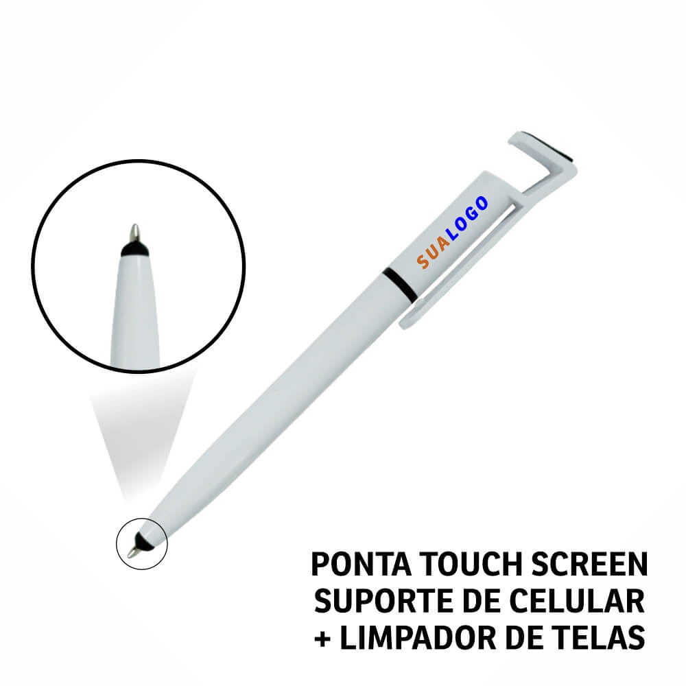 Canetas Promocionais Personalizadas Impresão Uv Multifunção Com Touch e Suporte Branca