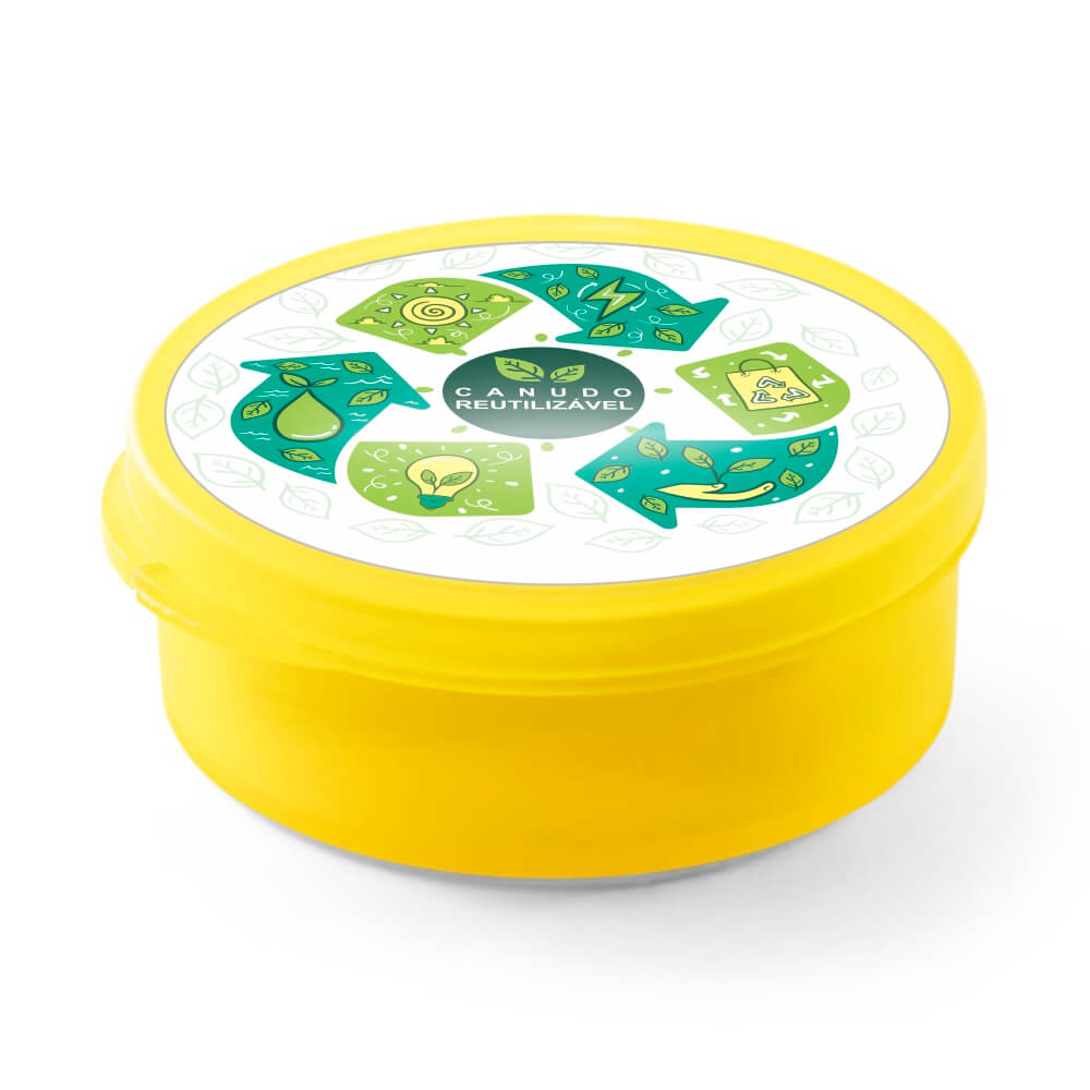 Canudo Reutilizável Dobrável de Silicone e Caixa em PP Amarelo