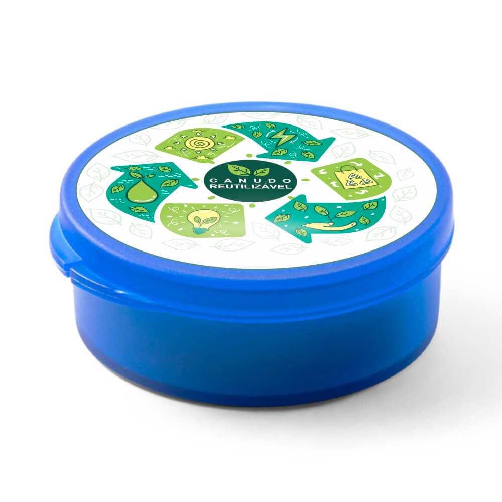 Canudo Reutilizável Dobrável de Silicone e Caixa em PP Azul