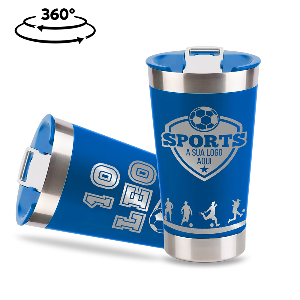 Copo Térmico com Abridor Parede Dupla e Aço 470ml Azul com Tampa Azul
