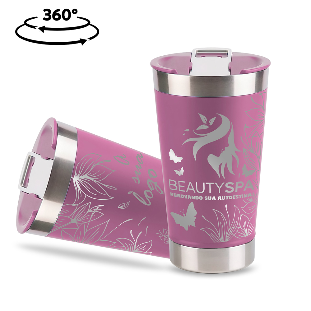 Copo Térmico com Abridor Parede Dupla e Aço 470ml Rosa com Tampa Rosa