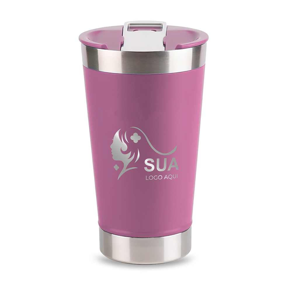 Copo Térmico Com Abridor Parede Dupla e Aço 470ml Com Tampa Rosa