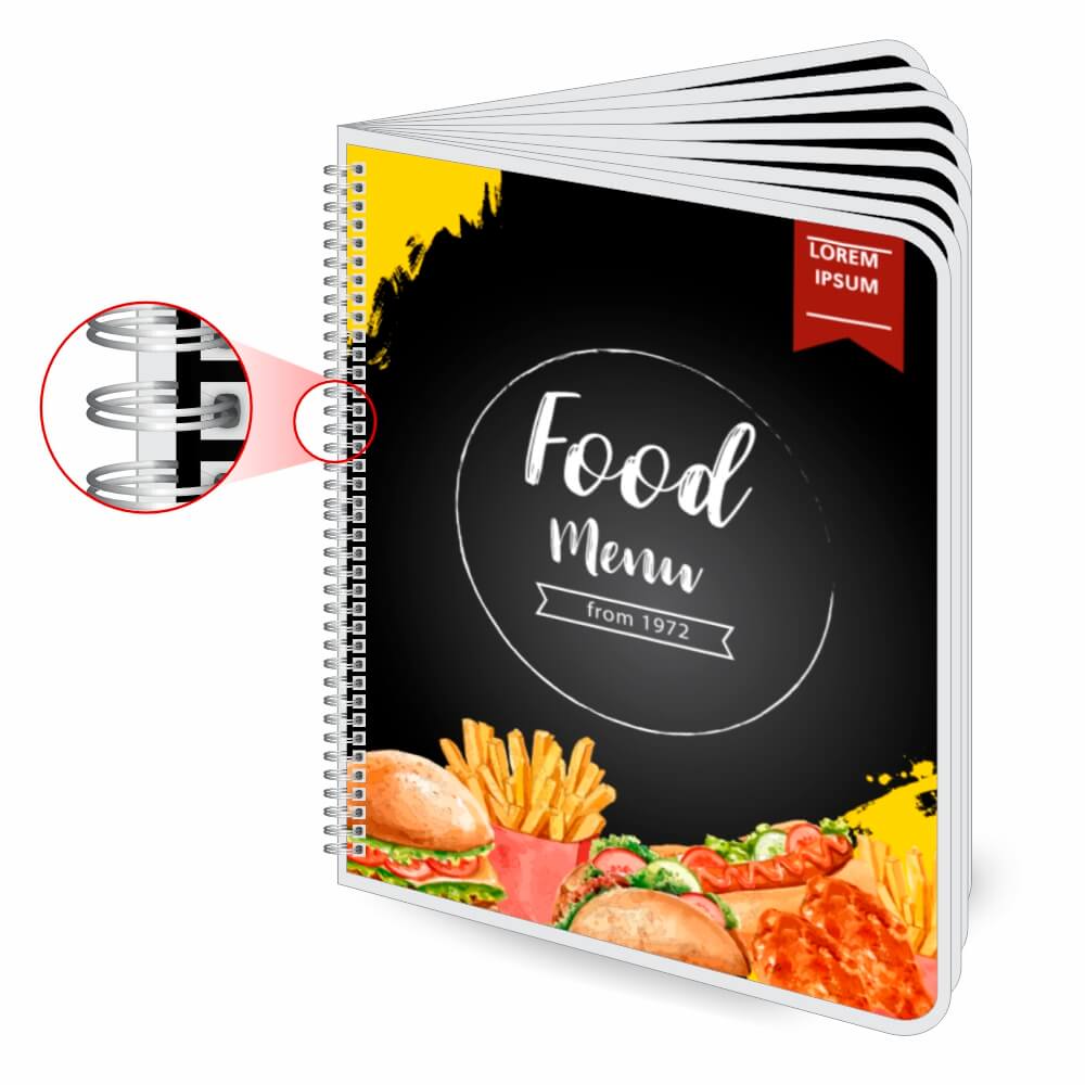 Cardápios Personalizados Wire O 16 Páginas Plastificação Rígida 0,10mm (210x300mm)