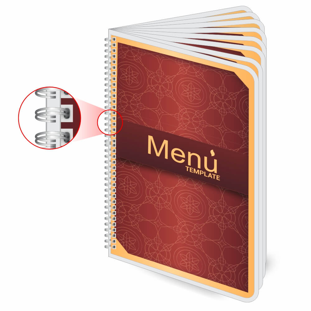 Cardápios Personalizados Wire O 16 Páginas Plastificação Rígida 0,10mm (150x210mm)